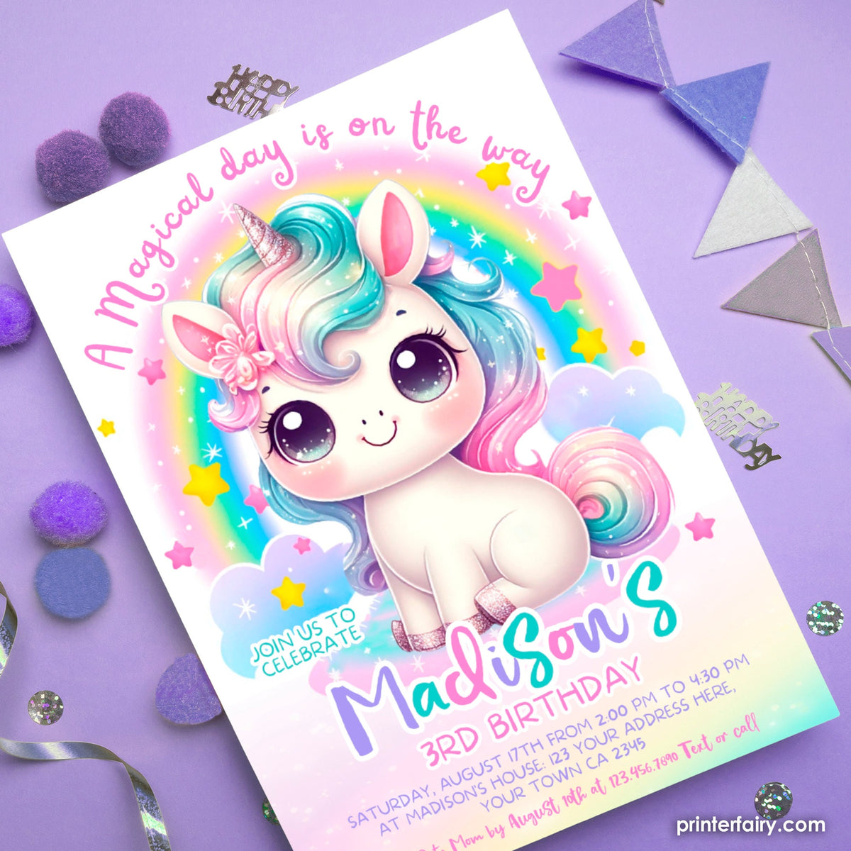 Rainbow Unicorn Birthday Invitation, Editable Party Theme (Instant Download)