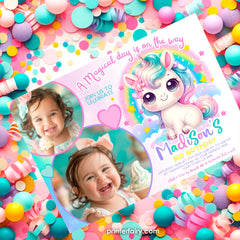 Unicorn Birthday Invitation with Photo, Rainbow Party Theme (Digital Download)
