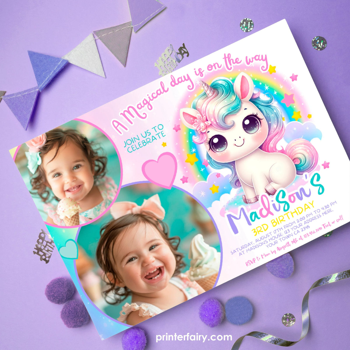 Unicorn Birthday Invitation with Photo, Rainbow Party Theme (Digital Download)