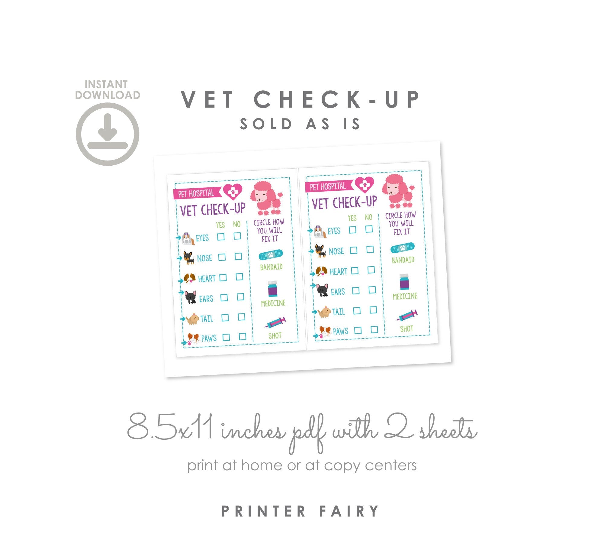 Pet Adoption Party Printables, Pet Hospital Vet Checkup (Digital Download)