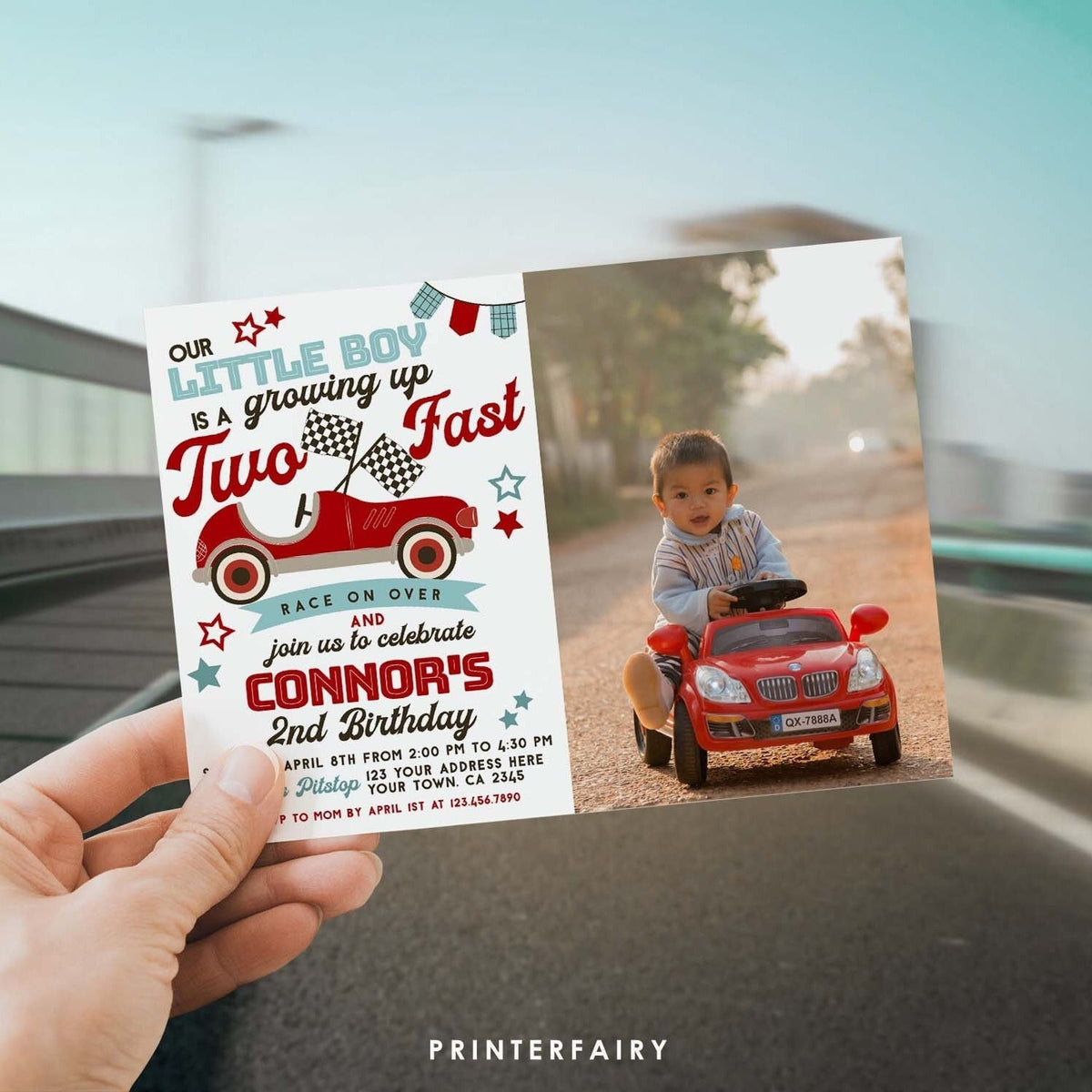 Two Fast Race Car 2nd Birthday Invitation with Photo (Editable Digital Item)