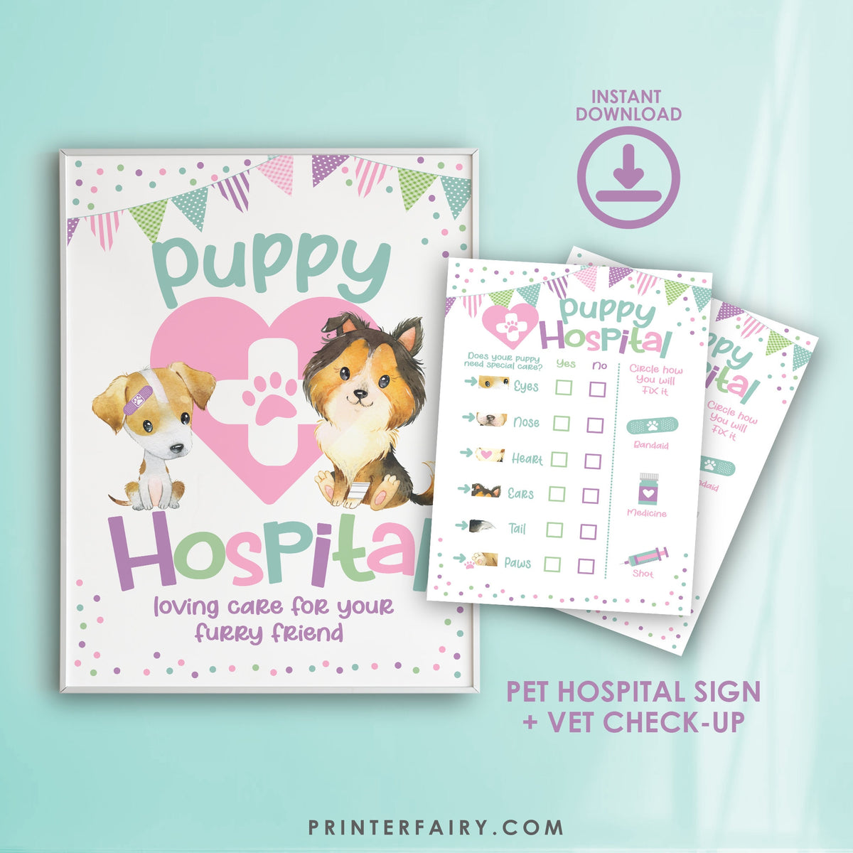 Puppy Party Pet Hospital Sign, Vet Check Up (Instant Download)