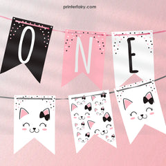 Kitty Cat ONE Banner, Girl 1st Birthday (Instant Download)