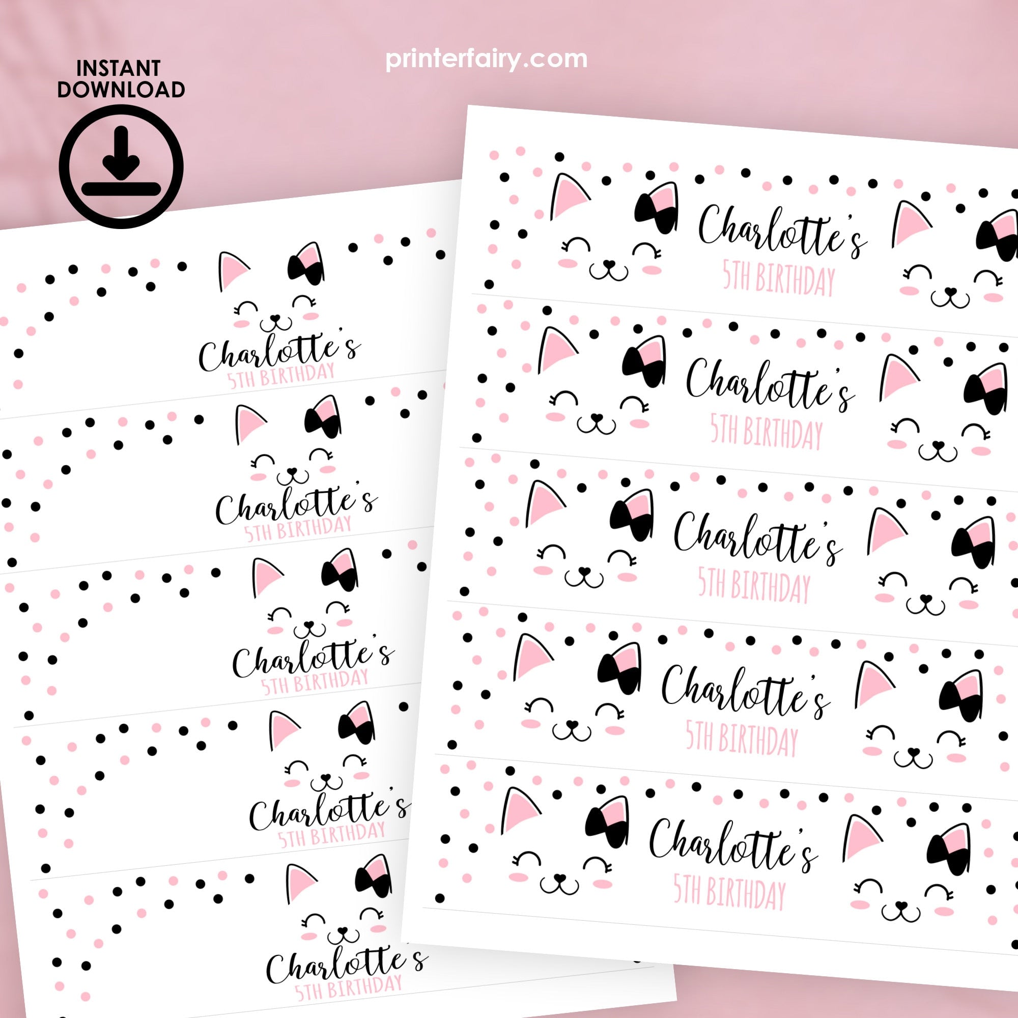Kitty Cat Birthday Water Bottle Labels, Editable Party Decor (Digital Download)