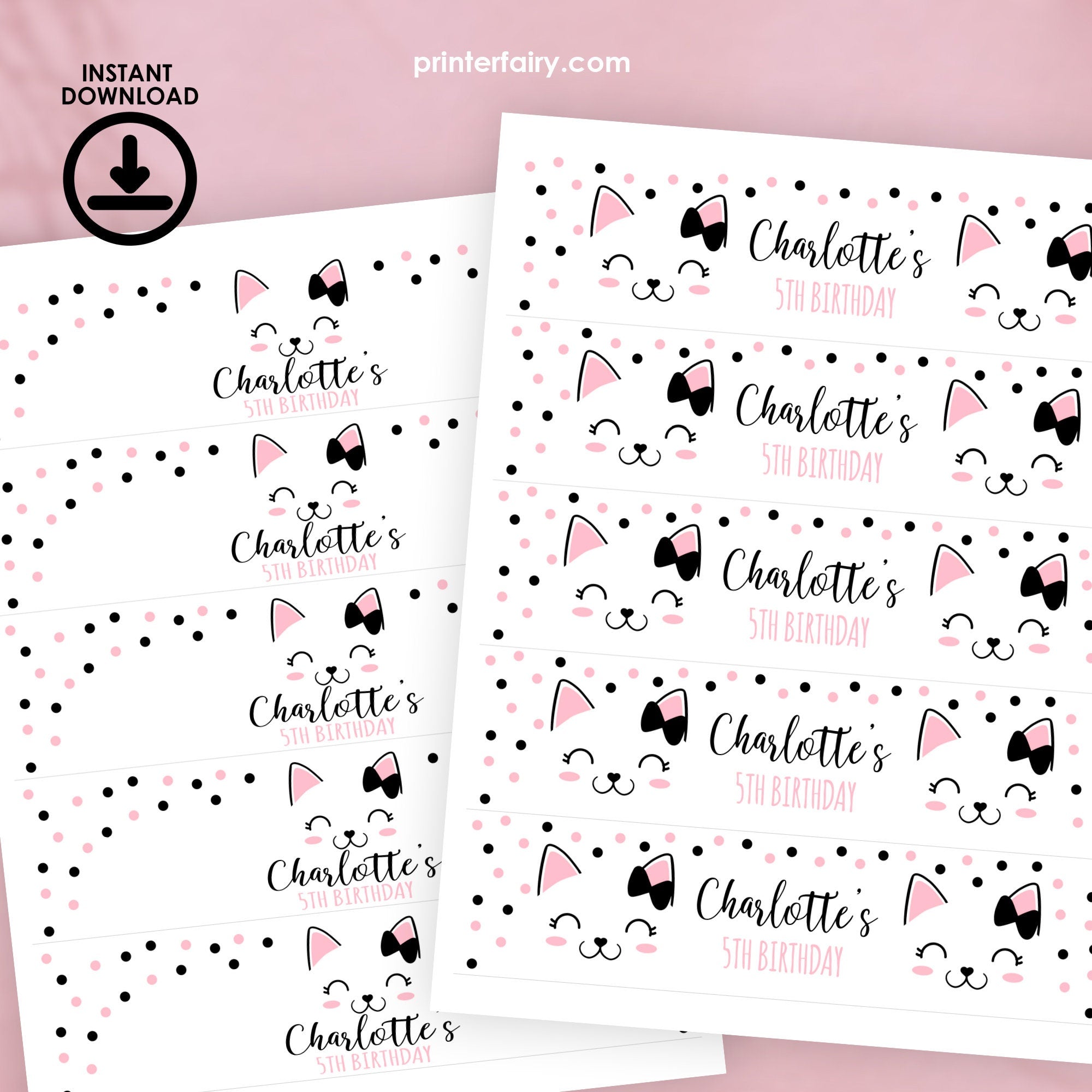 Kitty Cat Birthday Water Bottle Labels, Editable Party Decor (Digital Download)