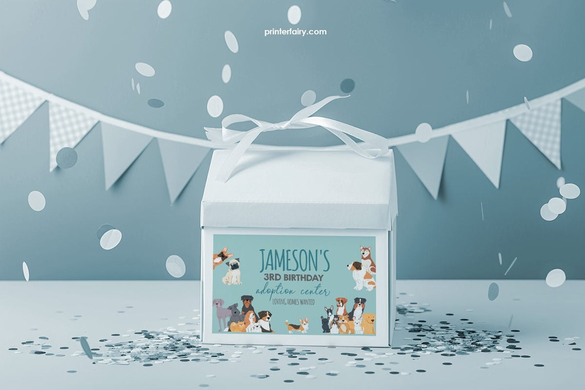 Puppy Adoption Pawty Gable Box Label, Editable Favor Box (Digital Item)