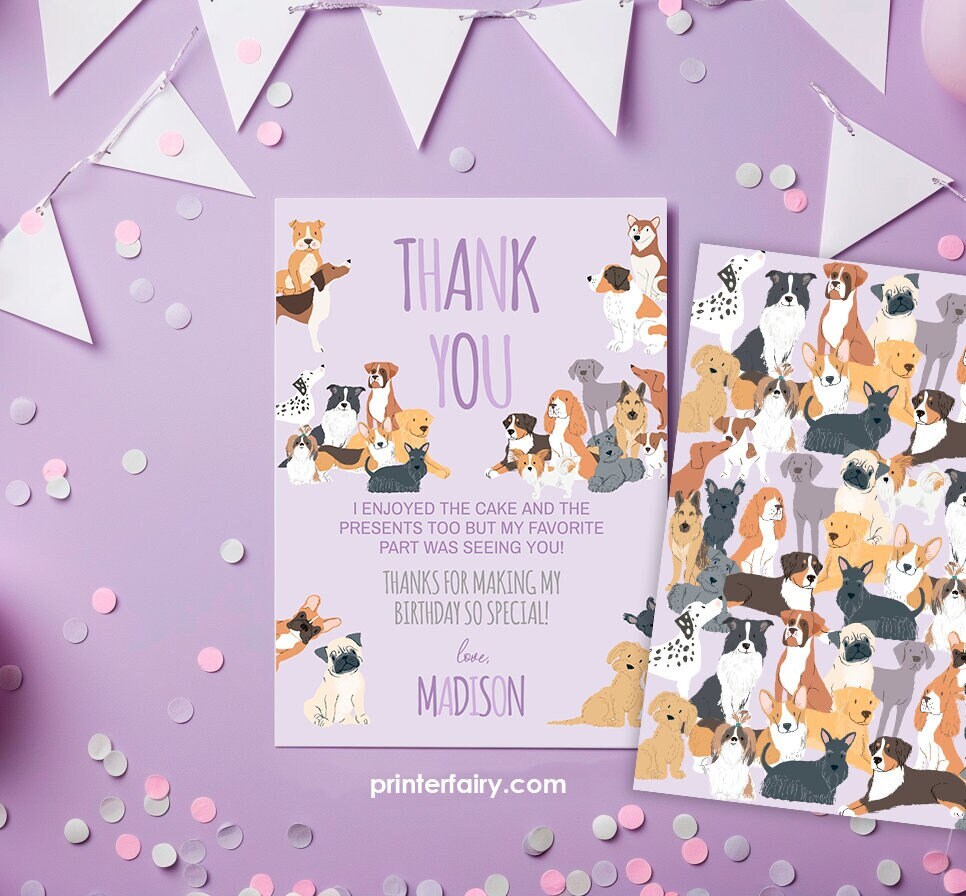 Puppy Birthday Thank You Card, Dog Adoption Party (Editable Digital Item)