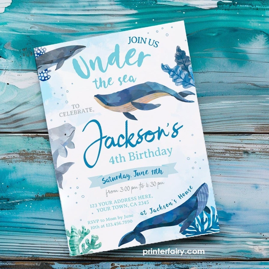 Whales Birthday Party Invitation, Under The Sea Theme (Digital Editable Download)