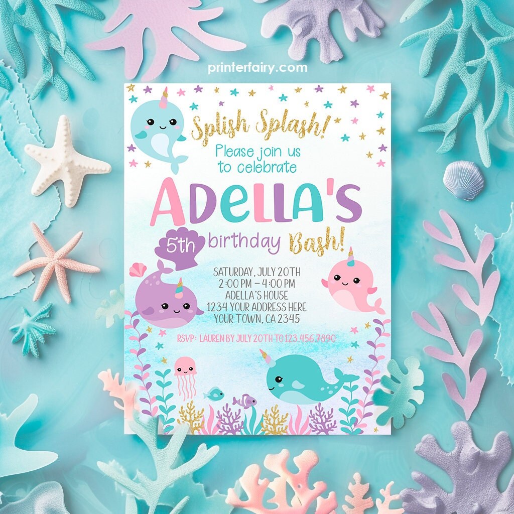 Narwhal Birthday Invitation, Under The Sea, EDIT YOURSELF (Digital Invitation)