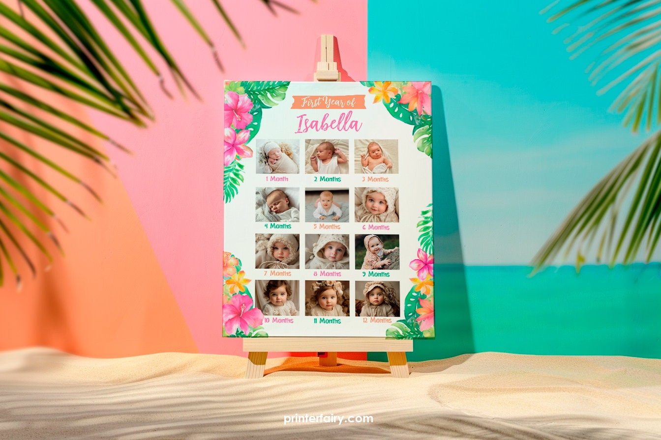 Luau 1st Birthday Photo Board, Tropical Party Stats Sign (Editable Template)