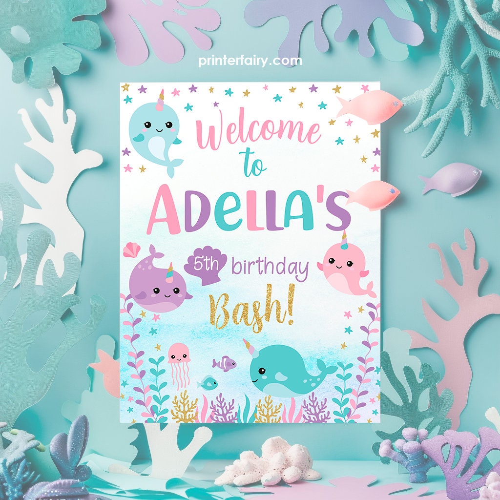 Narwhal Birthday Welcome Sign, Under the Sea Party Decor (Editable)