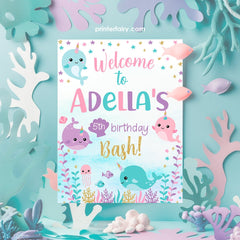 Narwhal Birthday Welcome Sign, Under the Sea Party Decor (Editable)