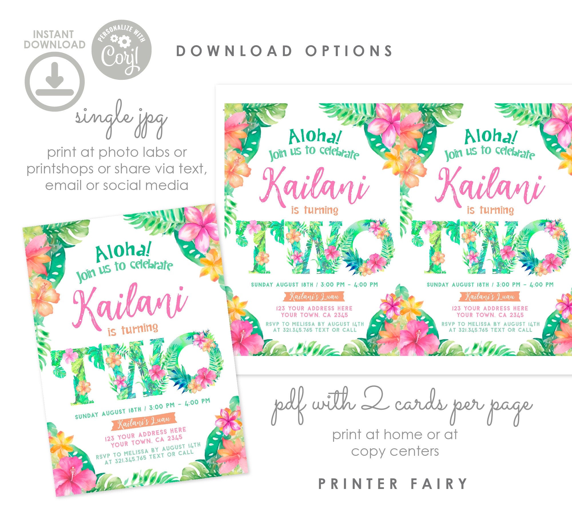 Luau 2nd Birthday Invitation, Editable Tropical Party Invite