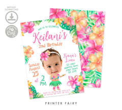 Editable Luau Birthday Invitation with Photo, Tropical Party Invite