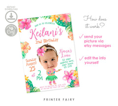 Editable Luau Birthday Invitation with Photo, Tropical Party Invite