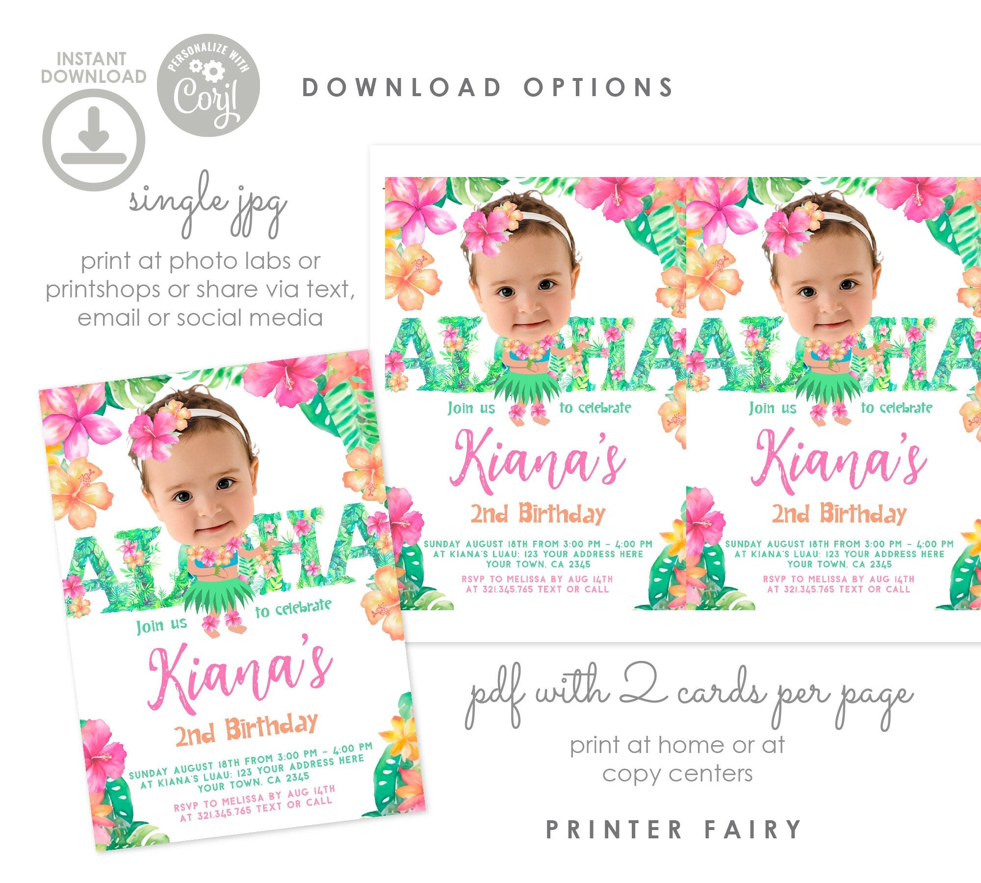 Editable Luau Birthday Invitation, Hawaiian Photo Template (Digital)