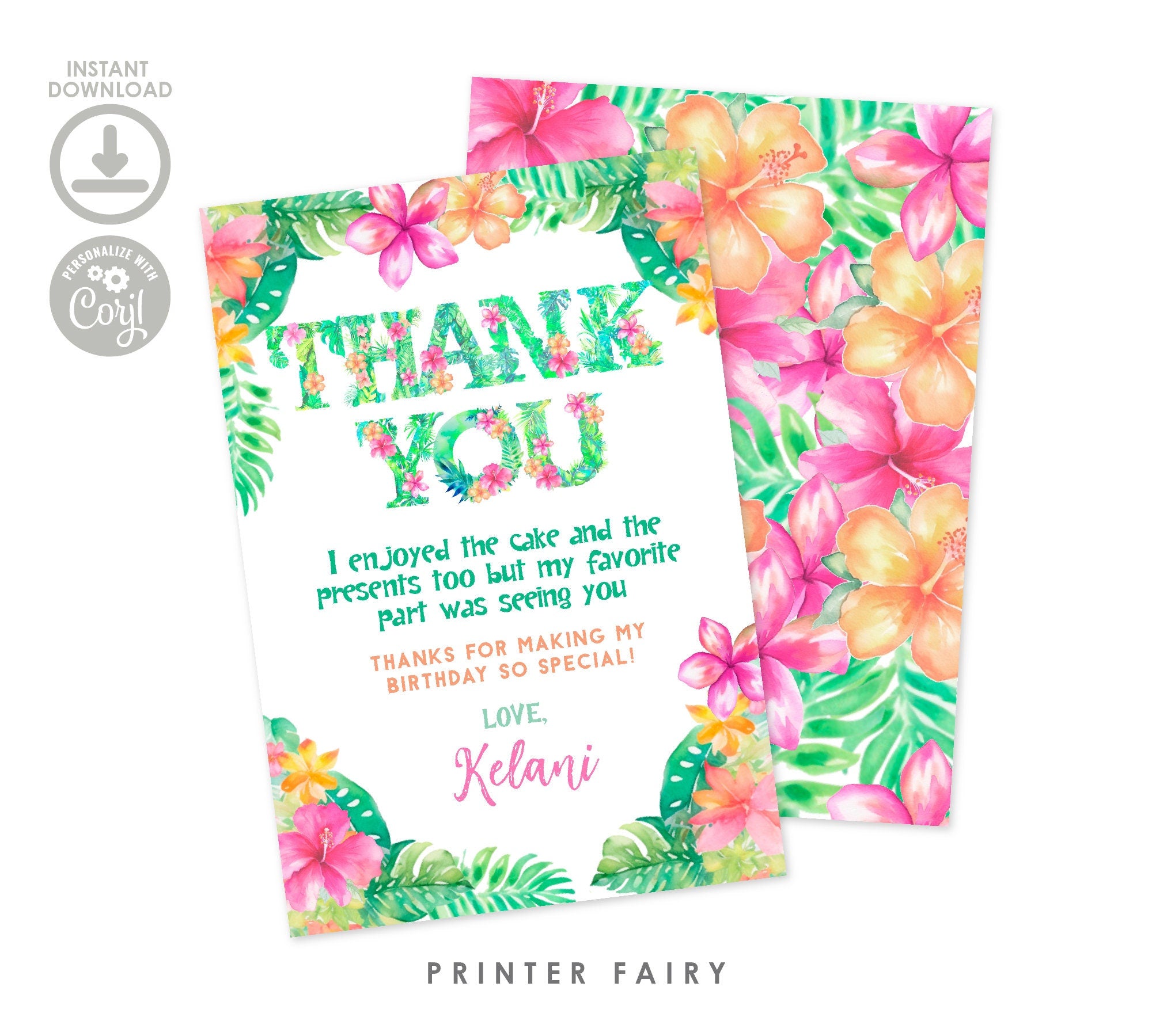 Luau Thank You Cards Editable Template, Hawaiian Party Printables, INSTANT DOWNLOAD