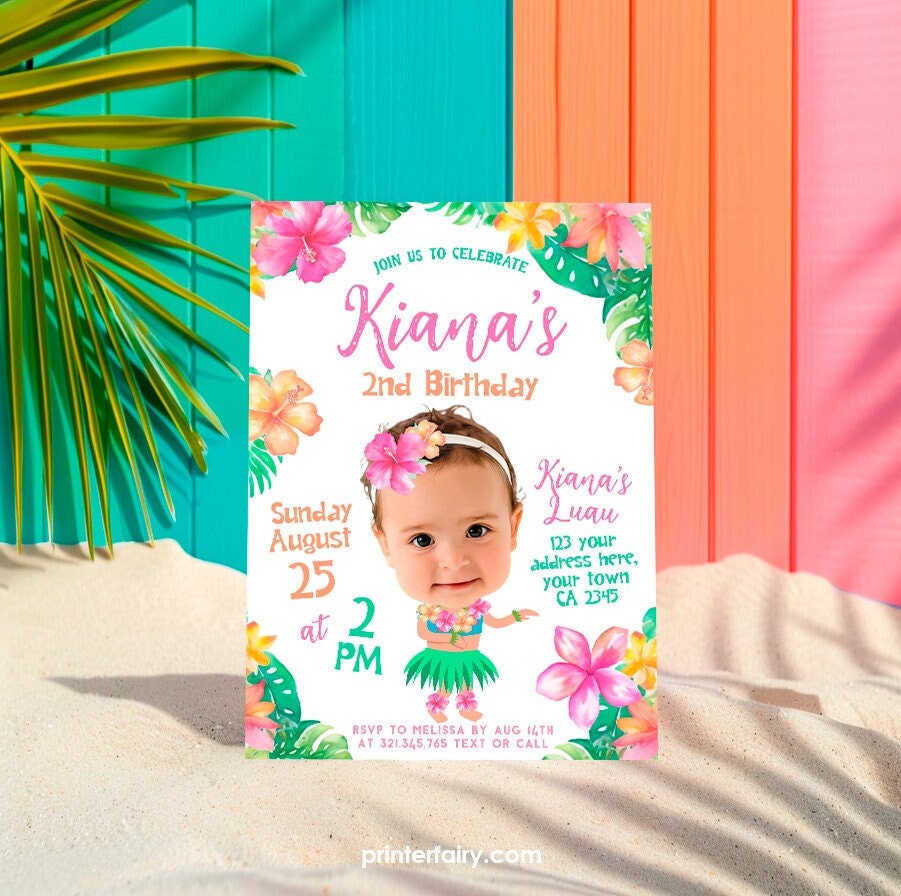 Editable Luau Birthday Invitation with Photo, Tropical Party Invite