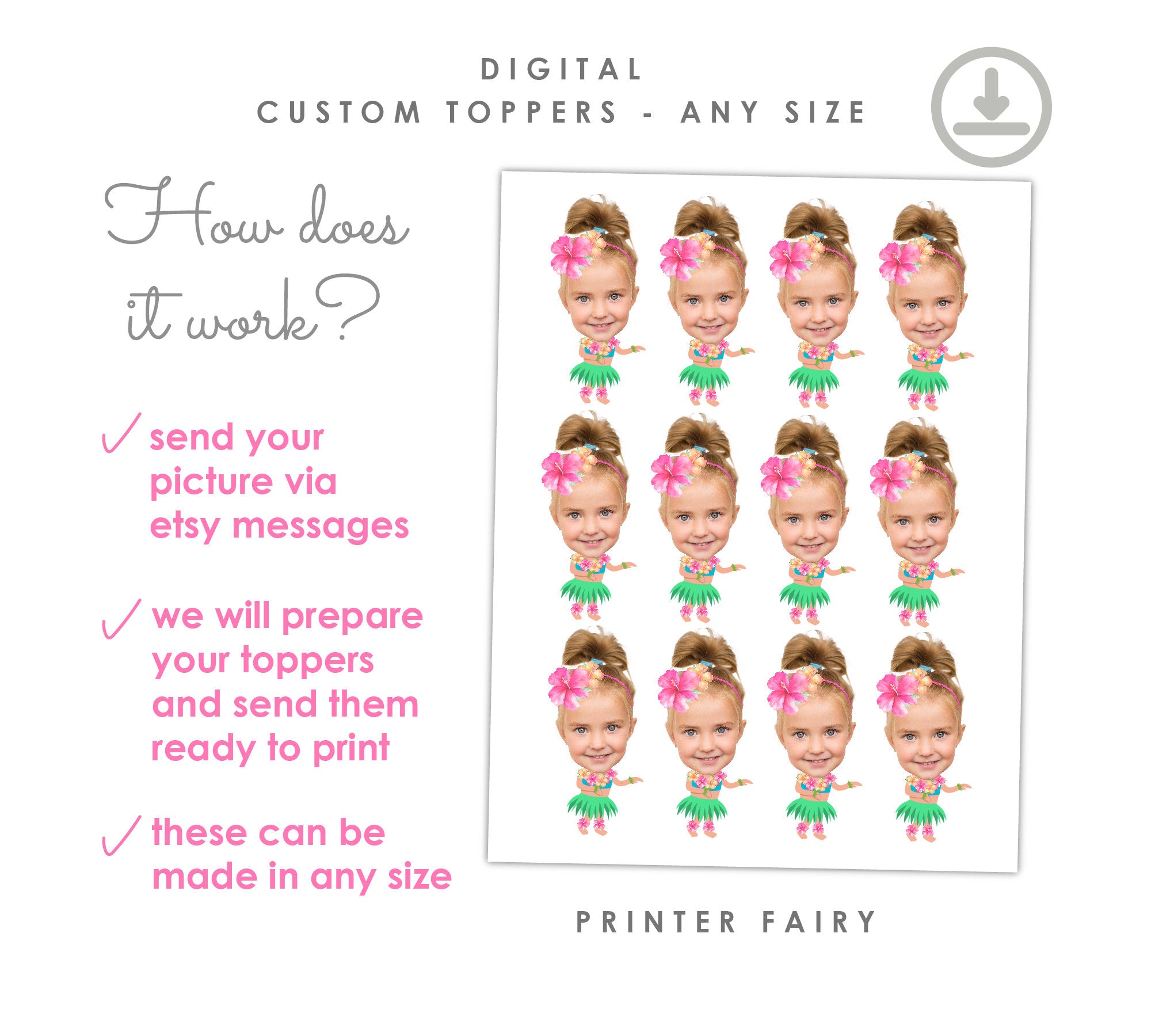 Personalized Luau Cupcake Toppers, Hawaiian Birthday Party Decorations (Digital Design)
