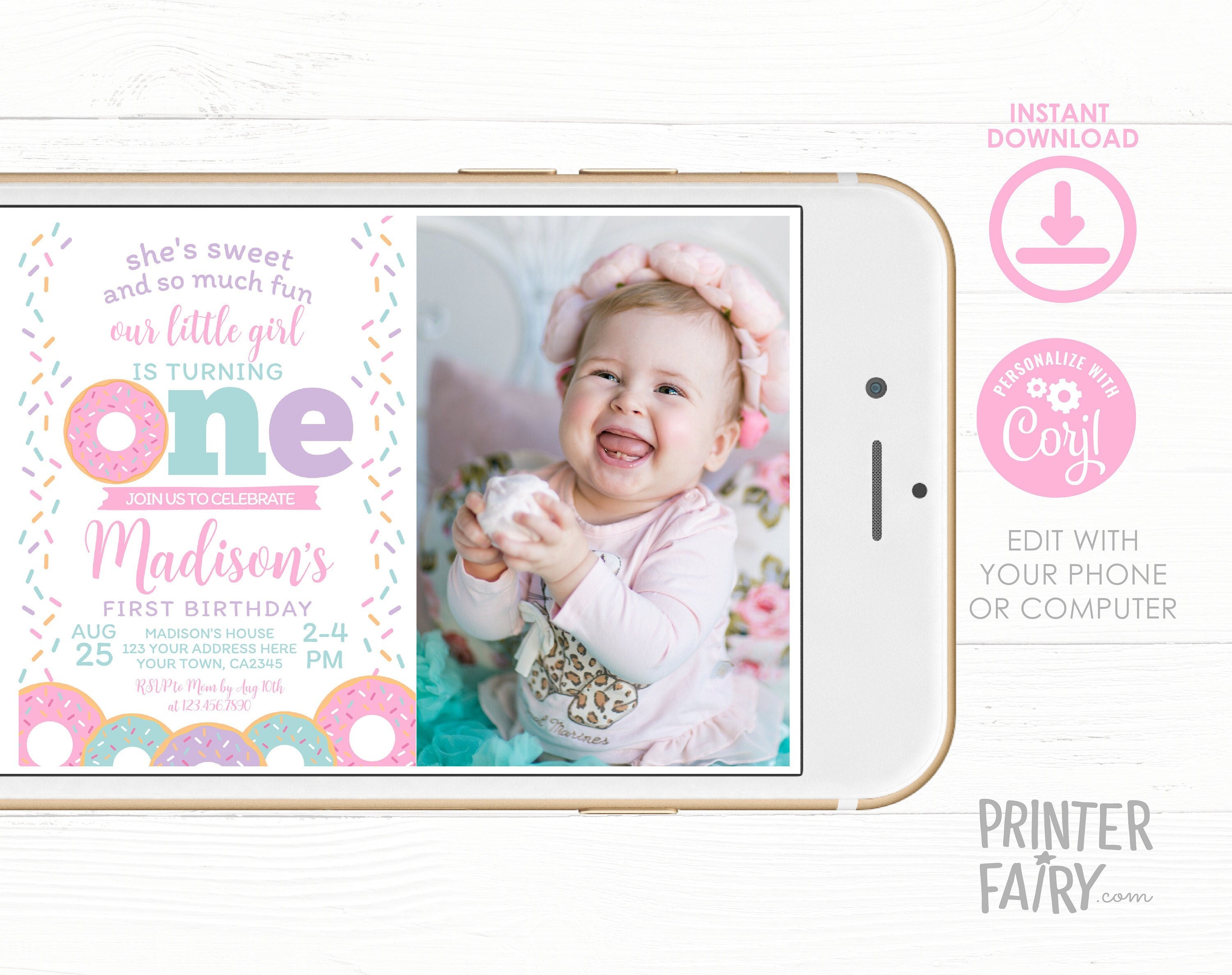 Donut First Birthday Invitation with Photo, Editable Template (Digital Download)