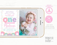 Donut First Birthday Invitation with Photo, Editable Template (Digital Download)