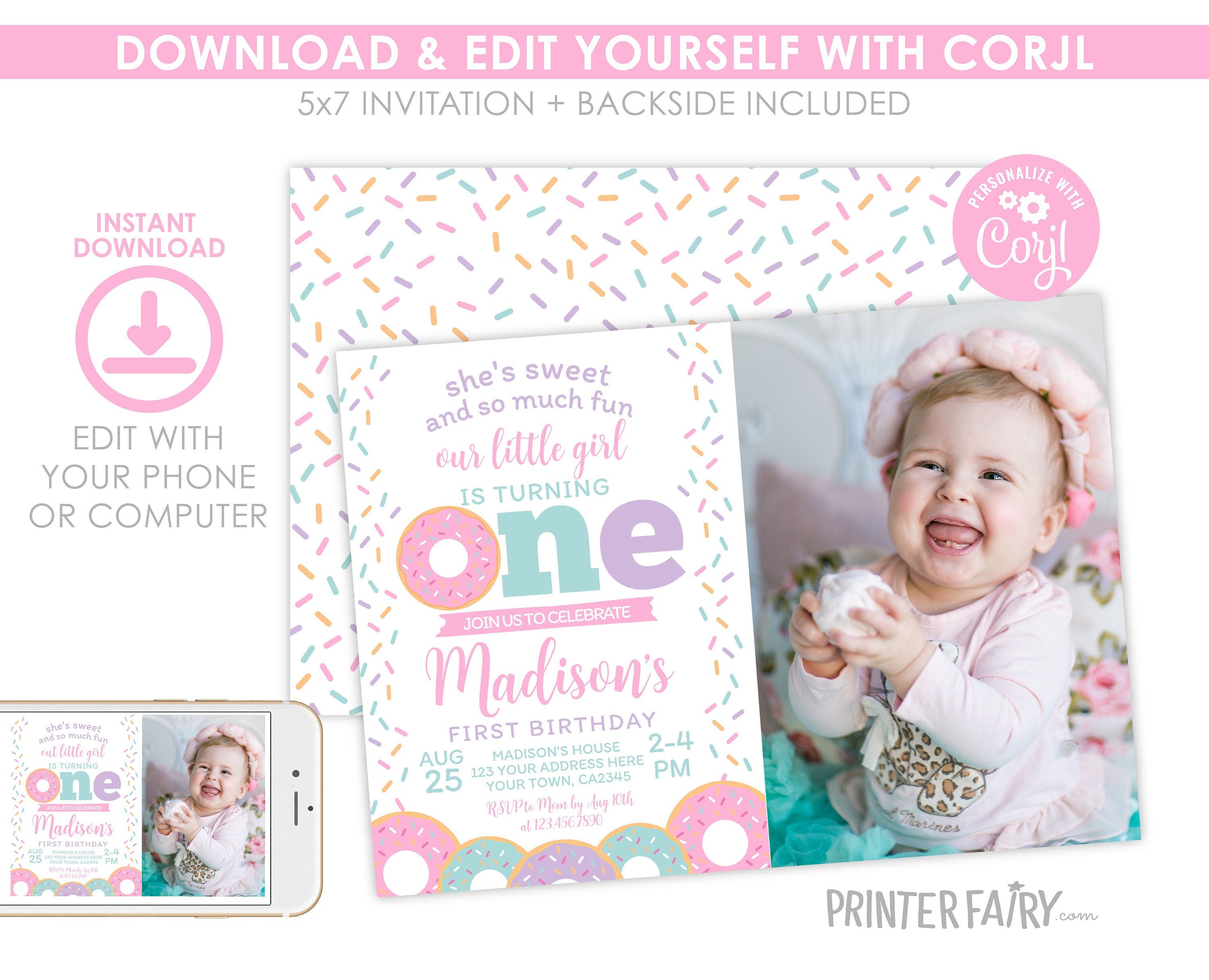 Donut First Birthday Invitation with Photo, Editable Template (Digital Download)