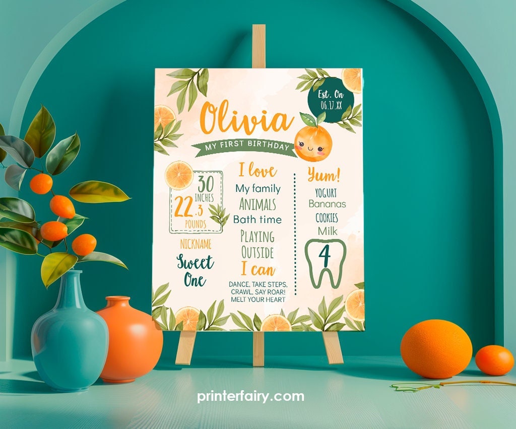 Sweet Orange First Birthday Stats Board, Editable Milestones Sign (Digital Download)