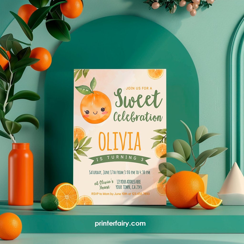 Sweet Orange Birthday Invitation, Little Cutie Party Template (Digital Download)