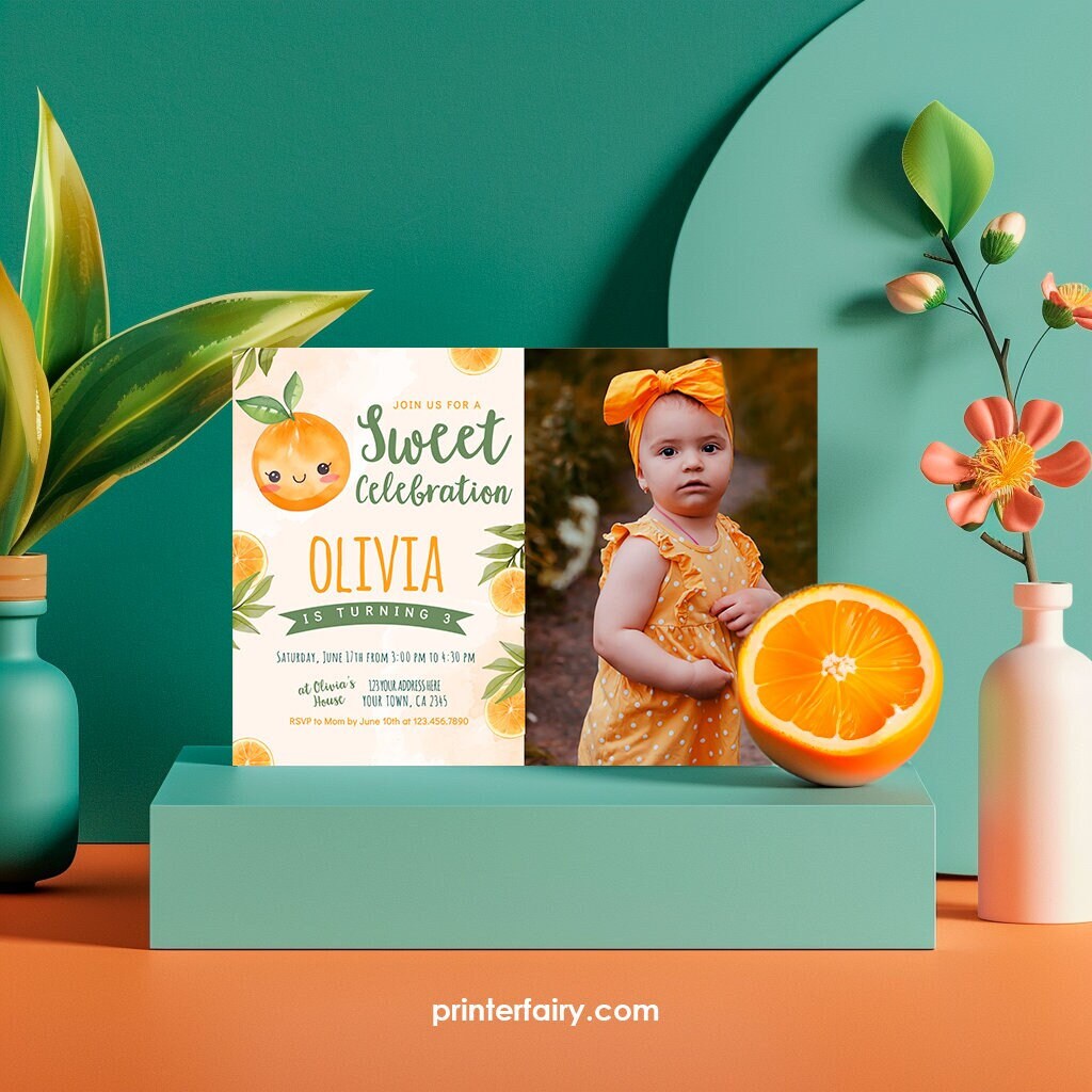 Little Cutie Birthday Invitation with Photo, Orange Party (Editable, Instant Download)