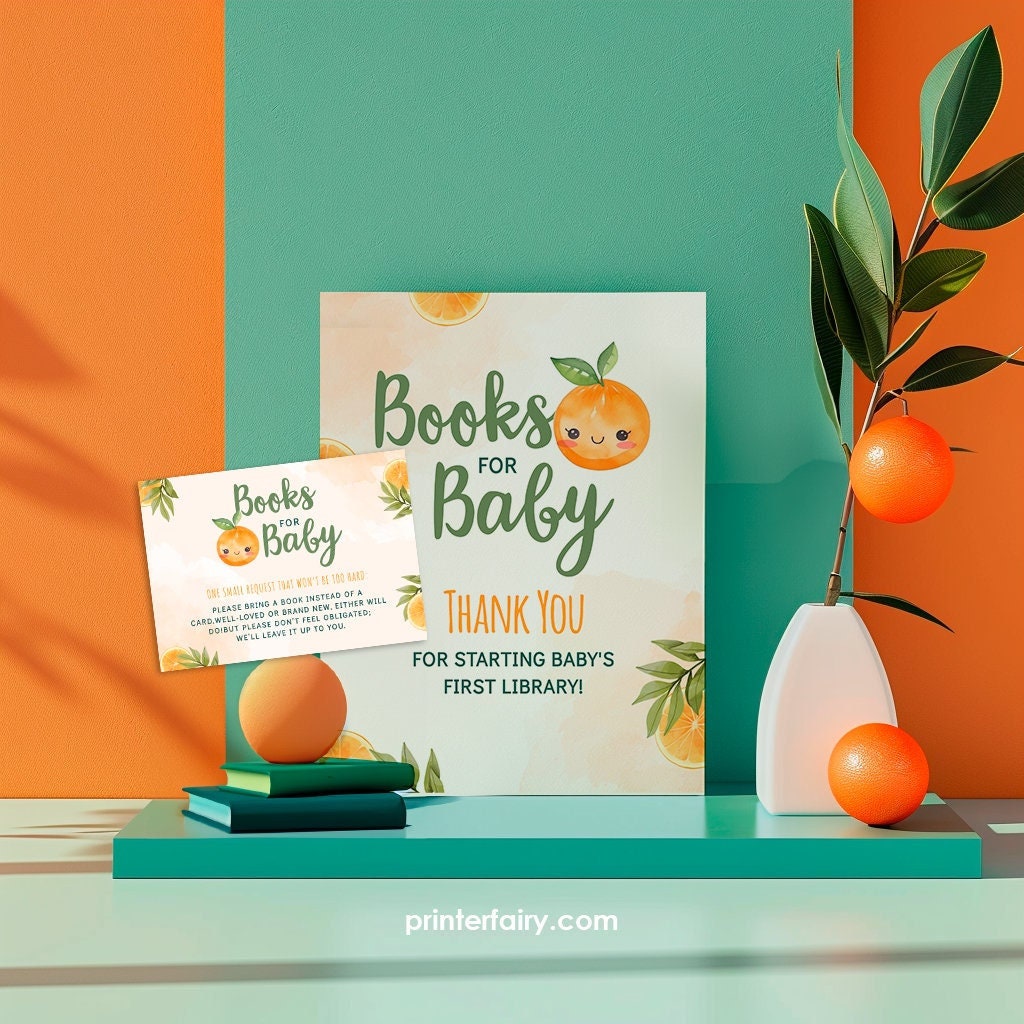 Orange Baby Shower Books for Baby Sign, Editable Template (Digital Download)