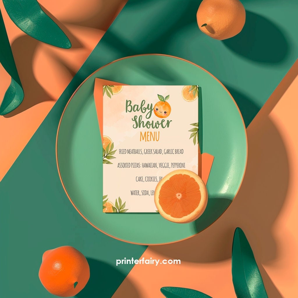 Orange Baby Shower Menu Template, Editable Dinner Menu (Digital Download)