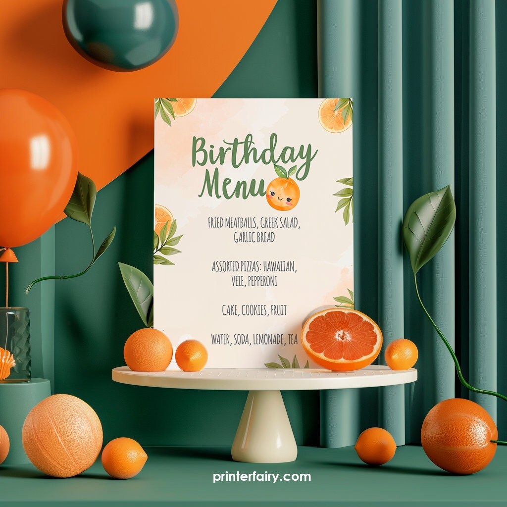 Sweet Orange Birthday Menu Sign, Editable Party Food Table (Digital Download)