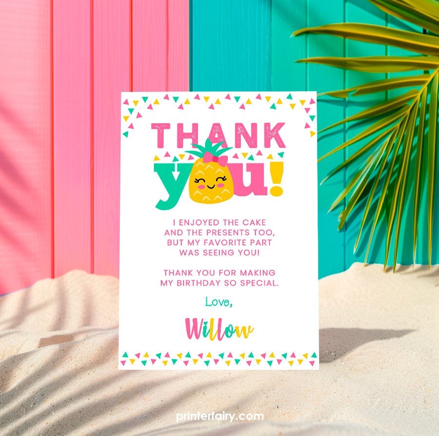 Pineapple Thank You Card, Luau Birthday, Editable (Digital Download)