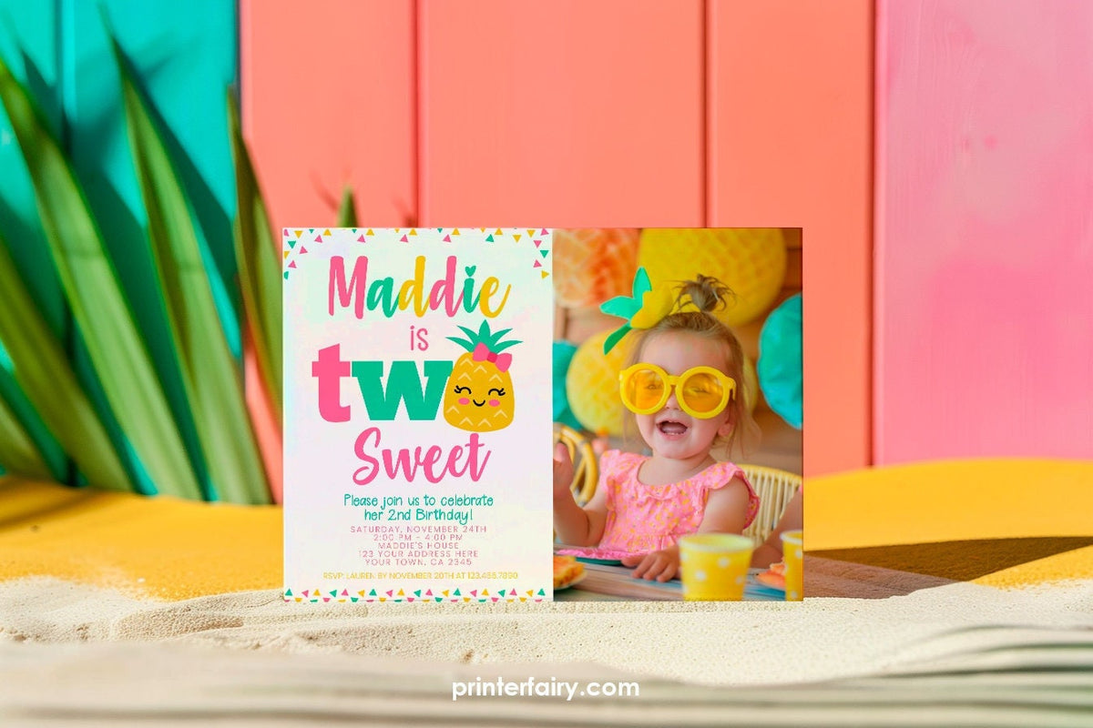 Pineapple 2nd Birthday Photo Invitation, Editable Luau Party (Digital Download)
