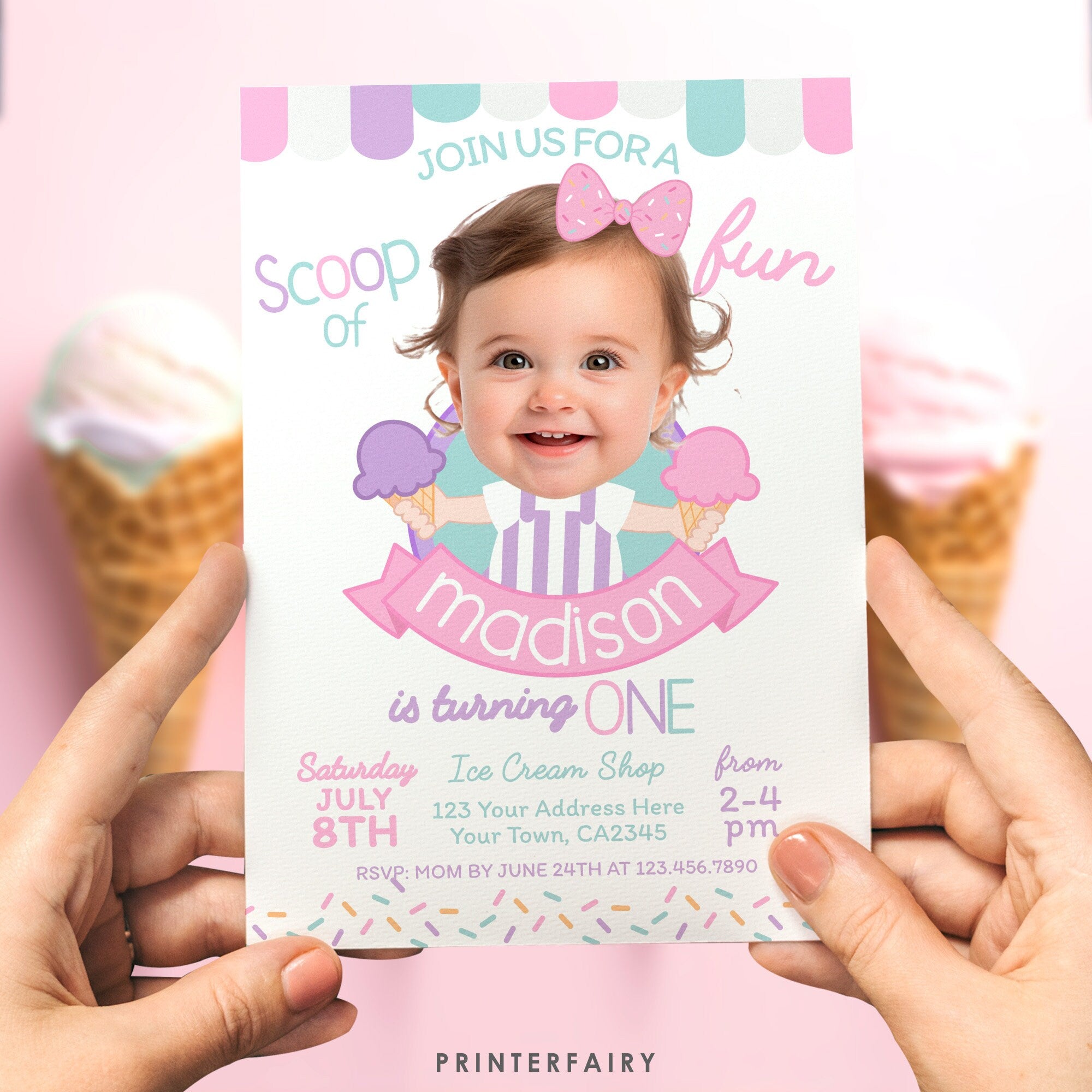 Ice Cream Birthday Invitation with Photo, Sprinkles Party (Digital)