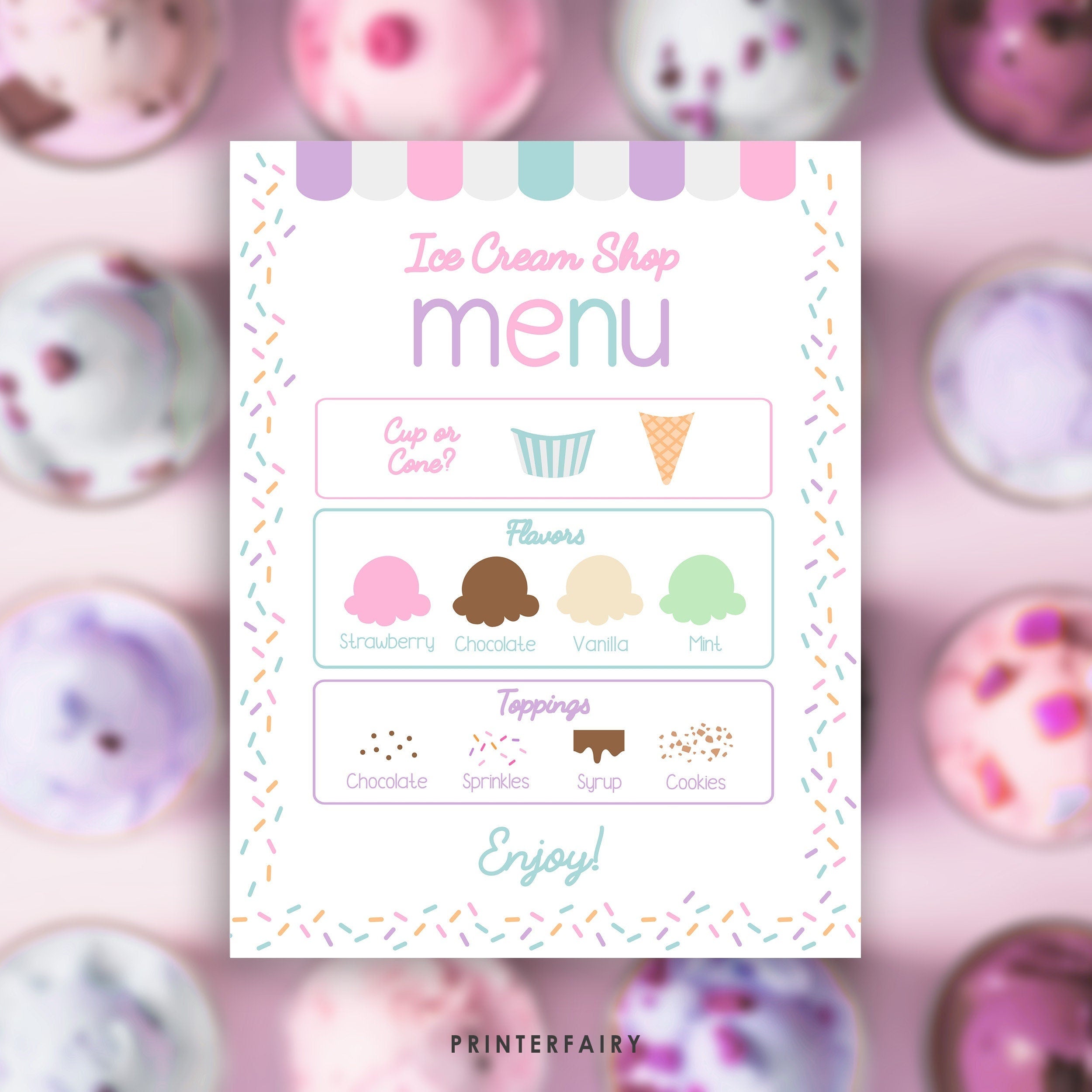Editable Ice Cream Party Menu Template, Summer Party Decorations (Printable Instant Download)