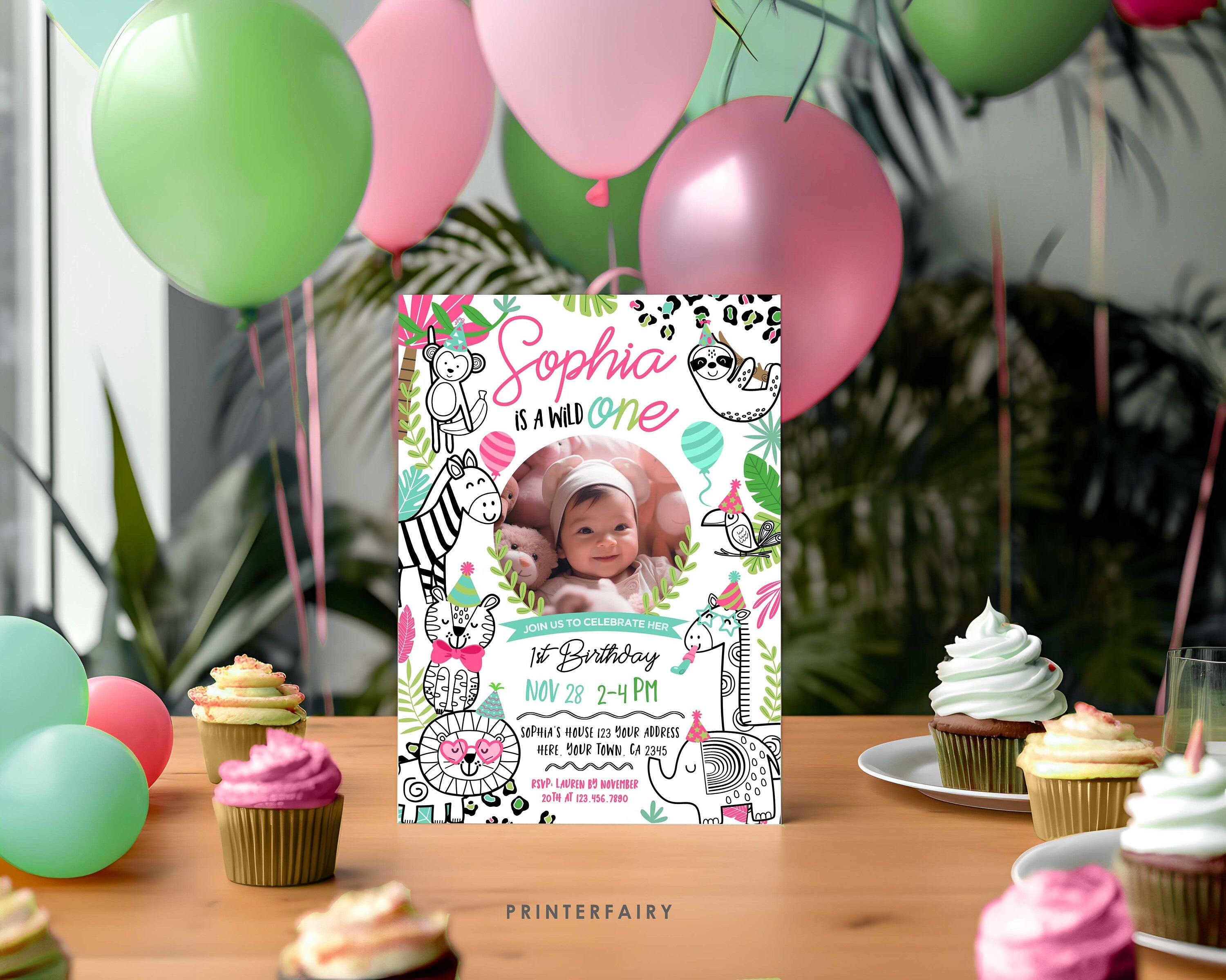 Wild One Safari 1st Birthday Invitation with Photo (Digital Download)
