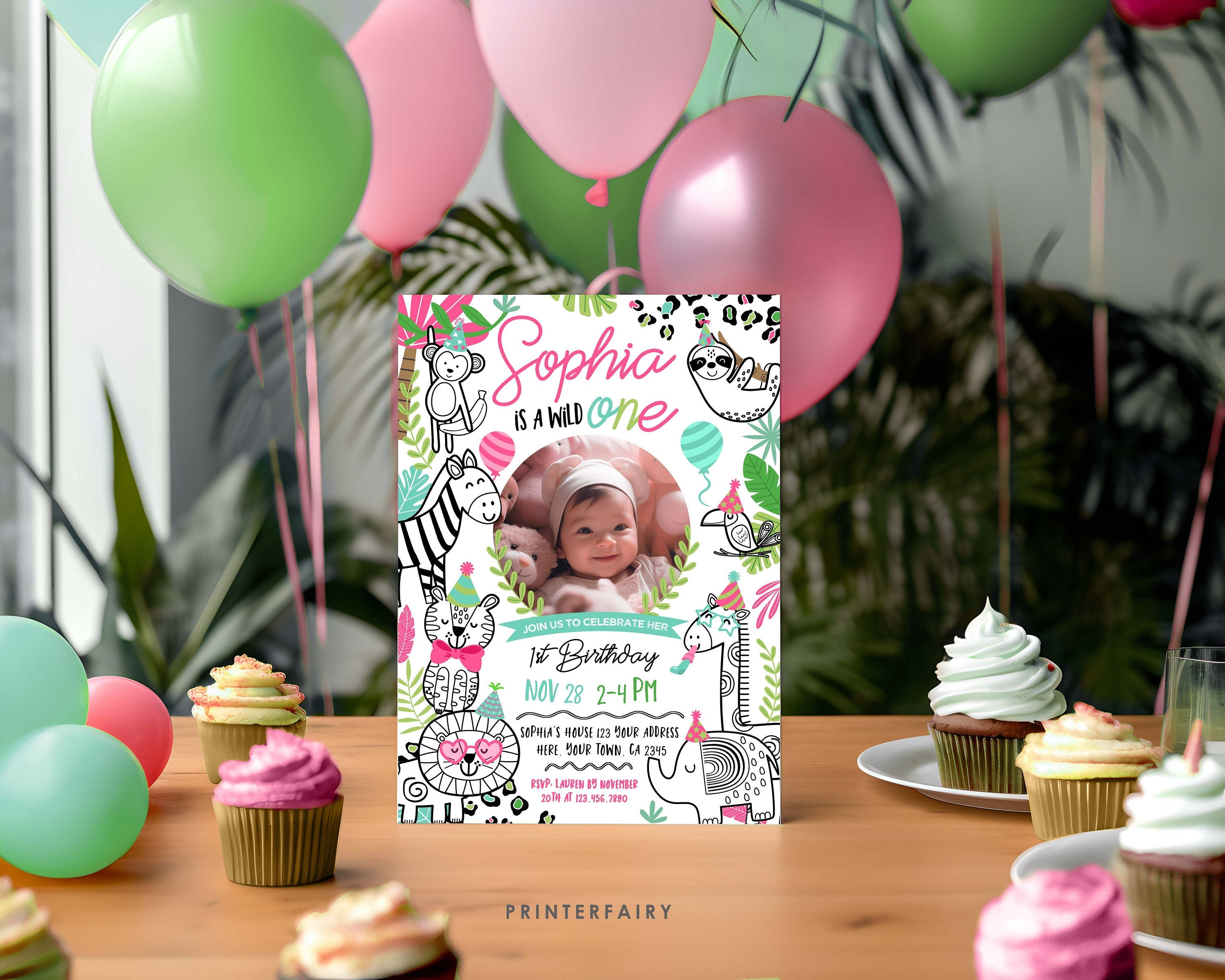 Wild One Safari 1st Birthday Invitation with Photo (Digital Download)