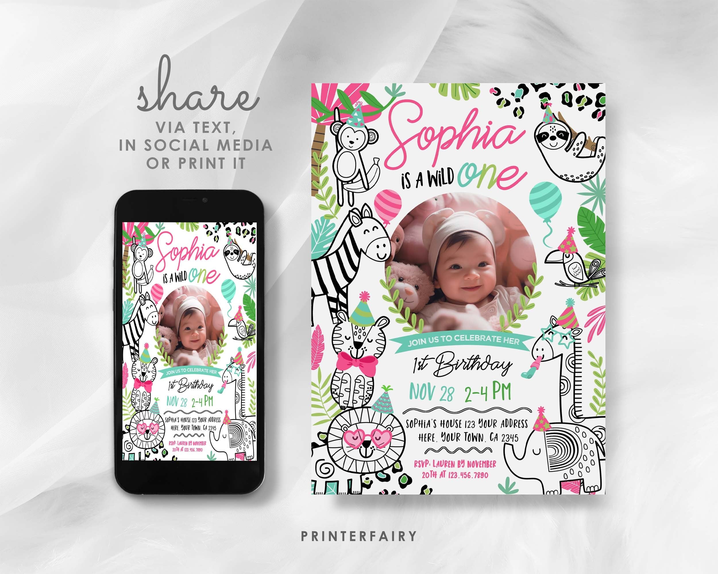 Wild One Safari 1st Birthday Invitation with Photo (Digital Download)