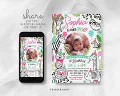Wild One Safari 1st Birthday Invitation with Photo (Digital Download)
