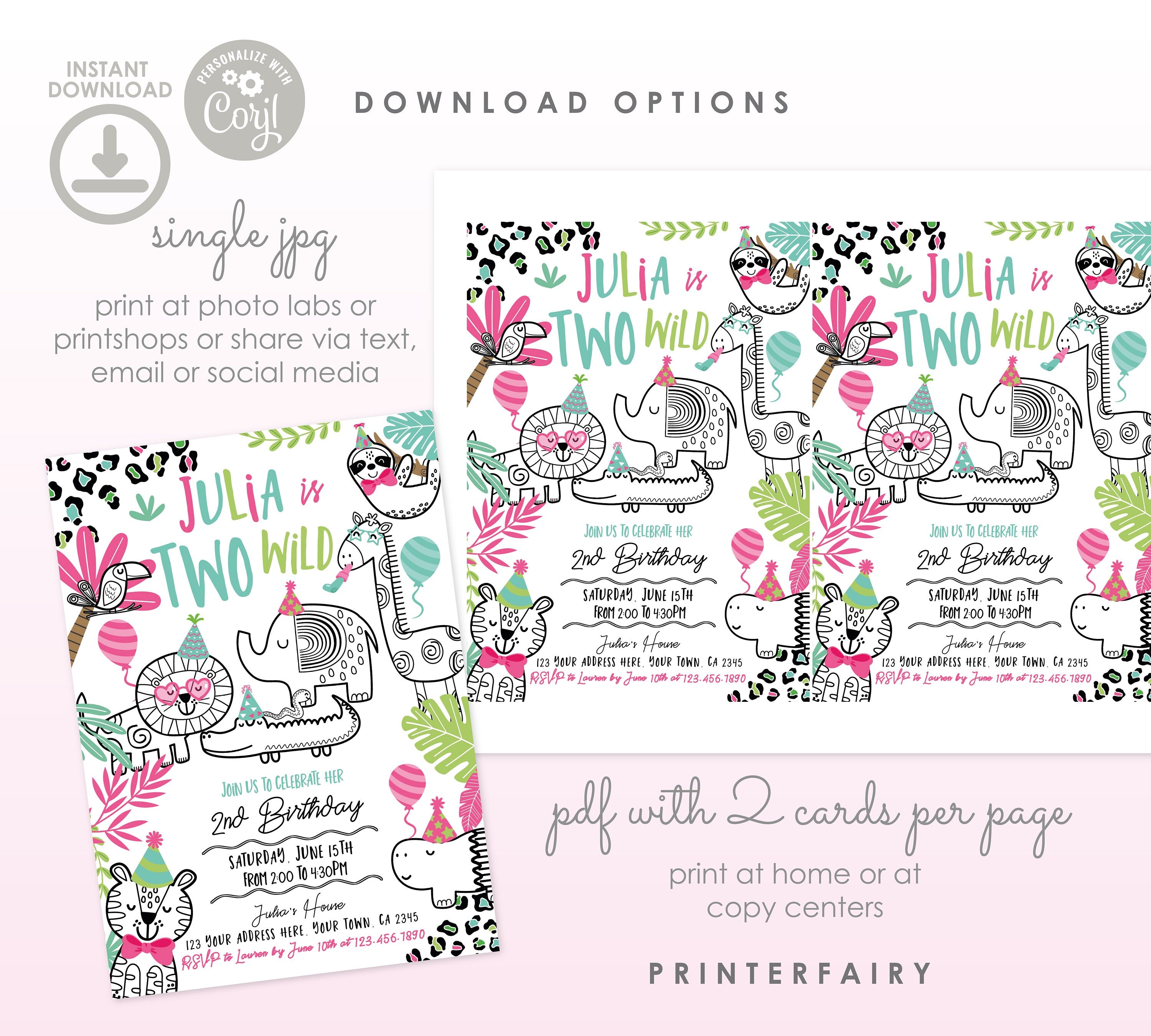 Two Wild Safari 2nd Birthday Invitation, Jungle Animals (Digital Download)