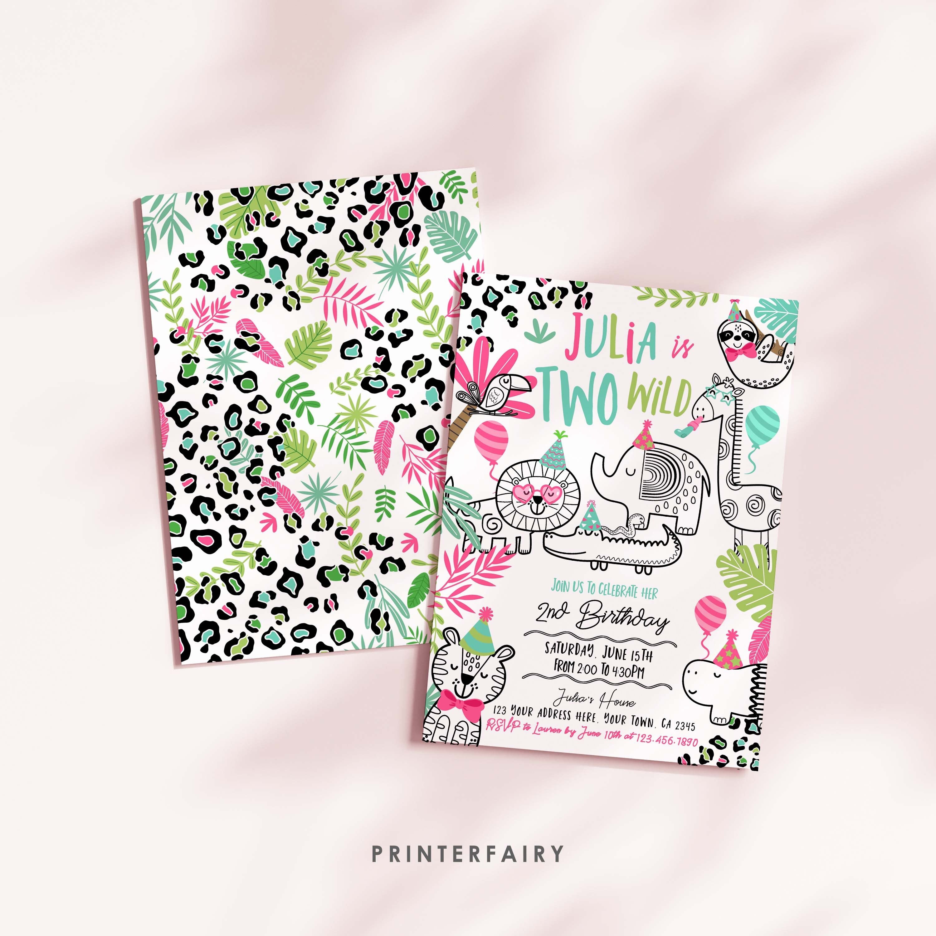 Two Wild Safari 2nd Birthday Invitation, Jungle Animals (Digital Download)