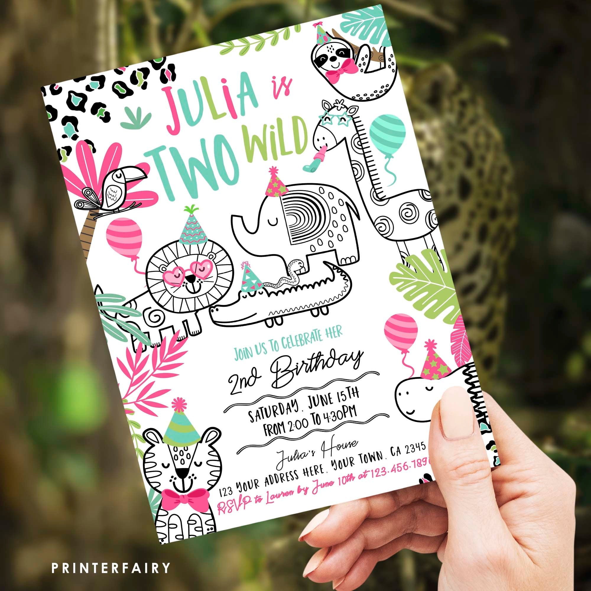 Two Wild Safari 2nd Birthday Invitation, Jungle Animals (Digital Download)