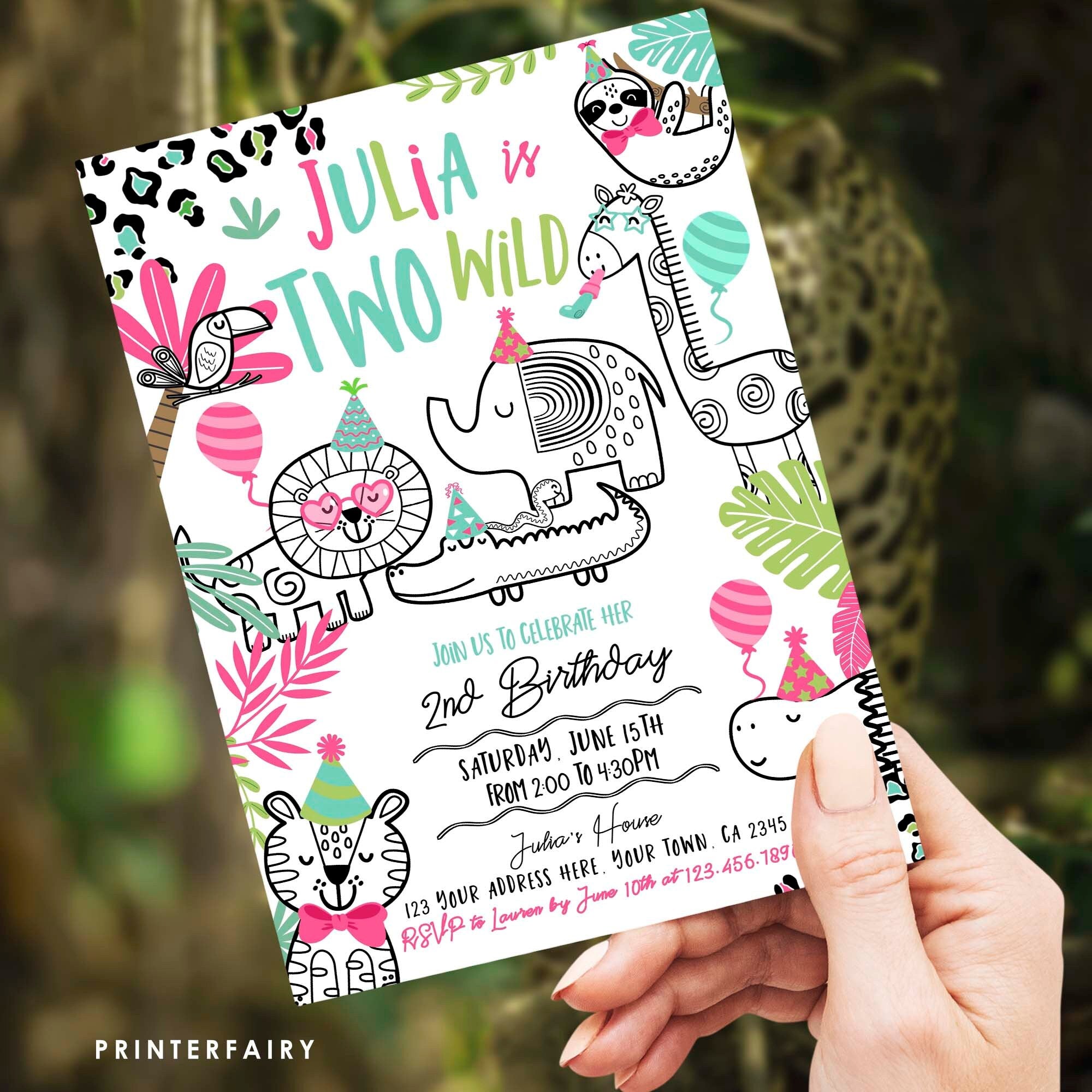 Two Wild Safari 2nd Birthday Invitation, Jungle Animals (Digital Download)