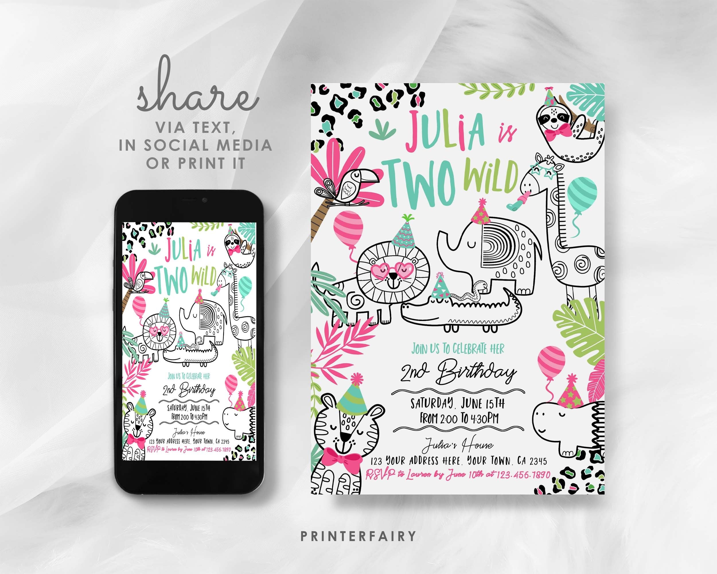 Two Wild Safari 2nd Birthday Invitation, Jungle Animals (Digital Download)