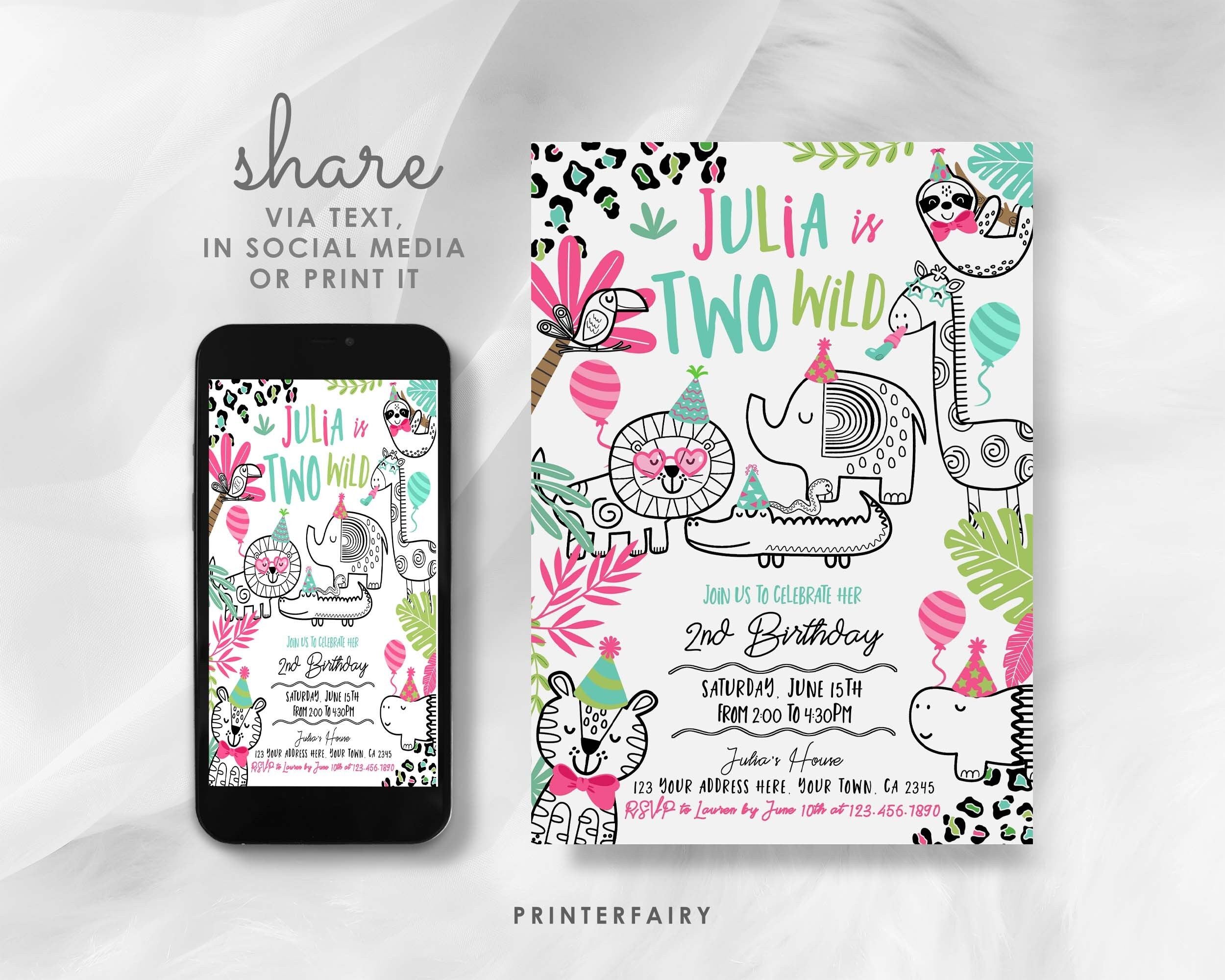 Two Wild Safari 2nd Birthday Invitation, Jungle Animals (Digital Download)