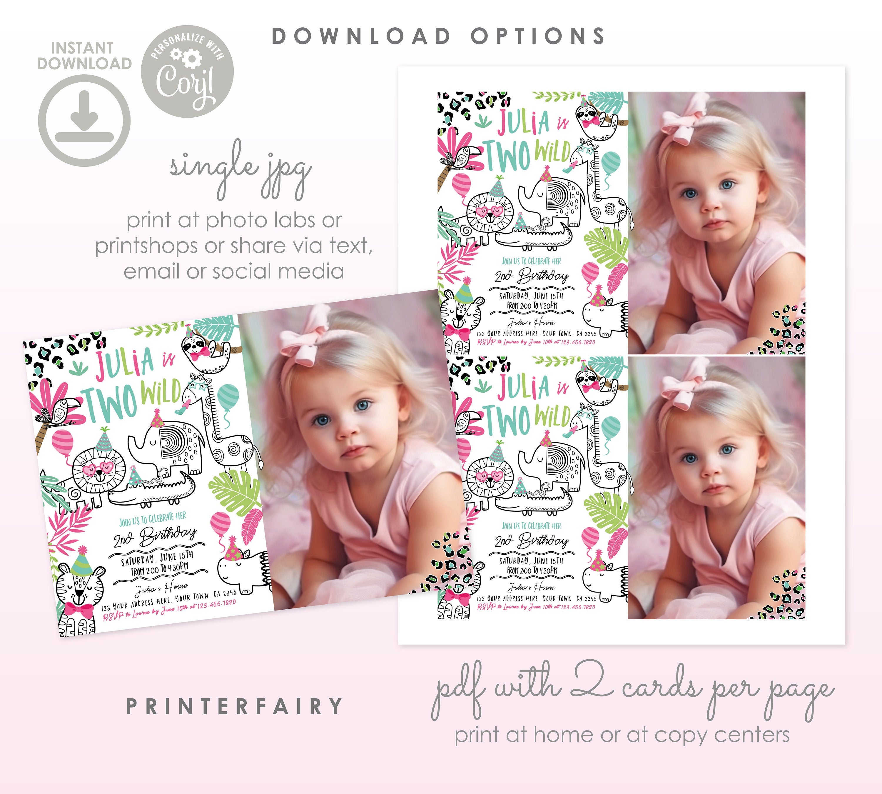 Two Wild Safari Birthday Invitation with Photo (Digital Download)