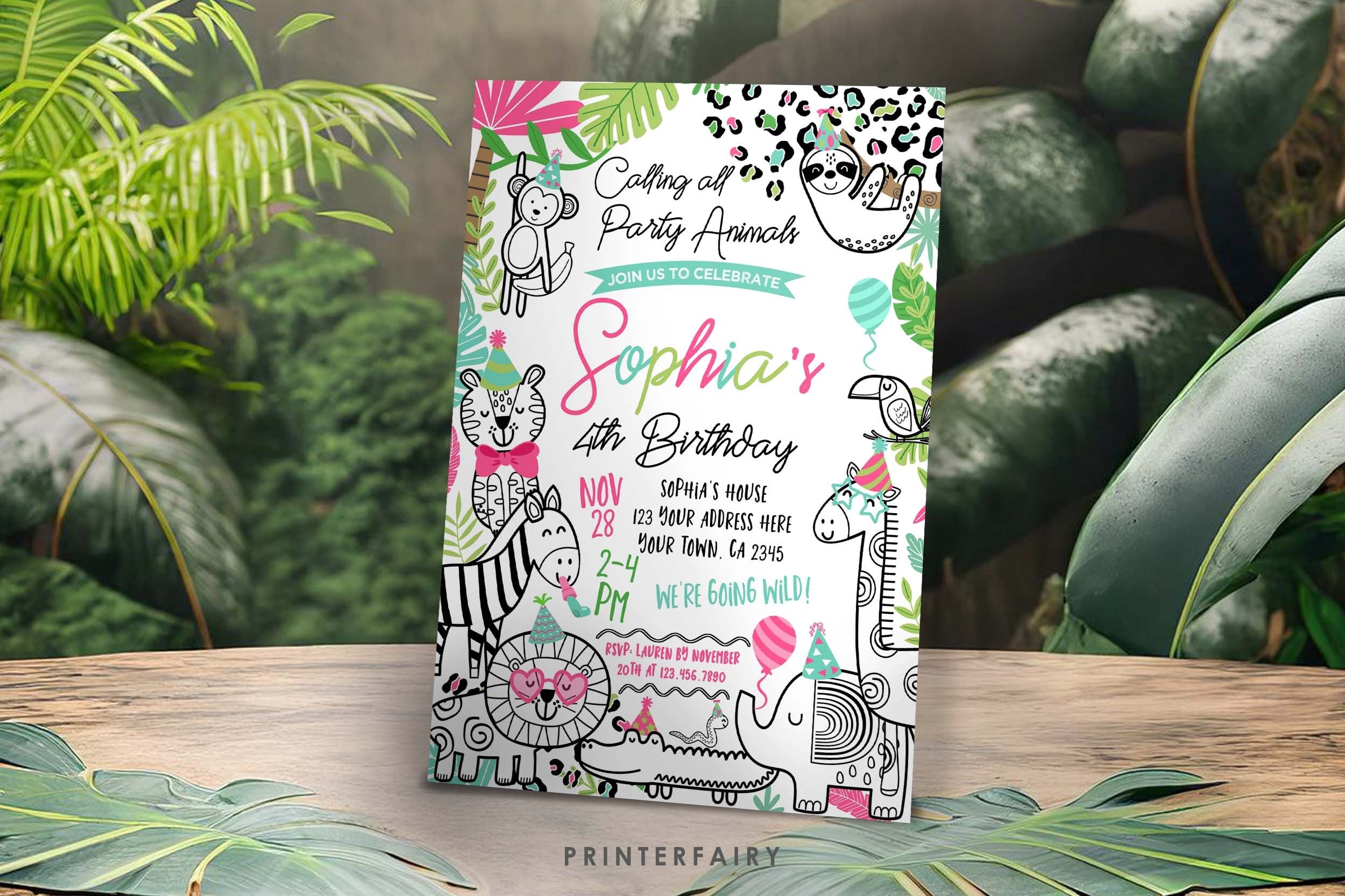 Party Animals Birthday Invitation, Safari Jungle Theme (Editable, Instant Download)