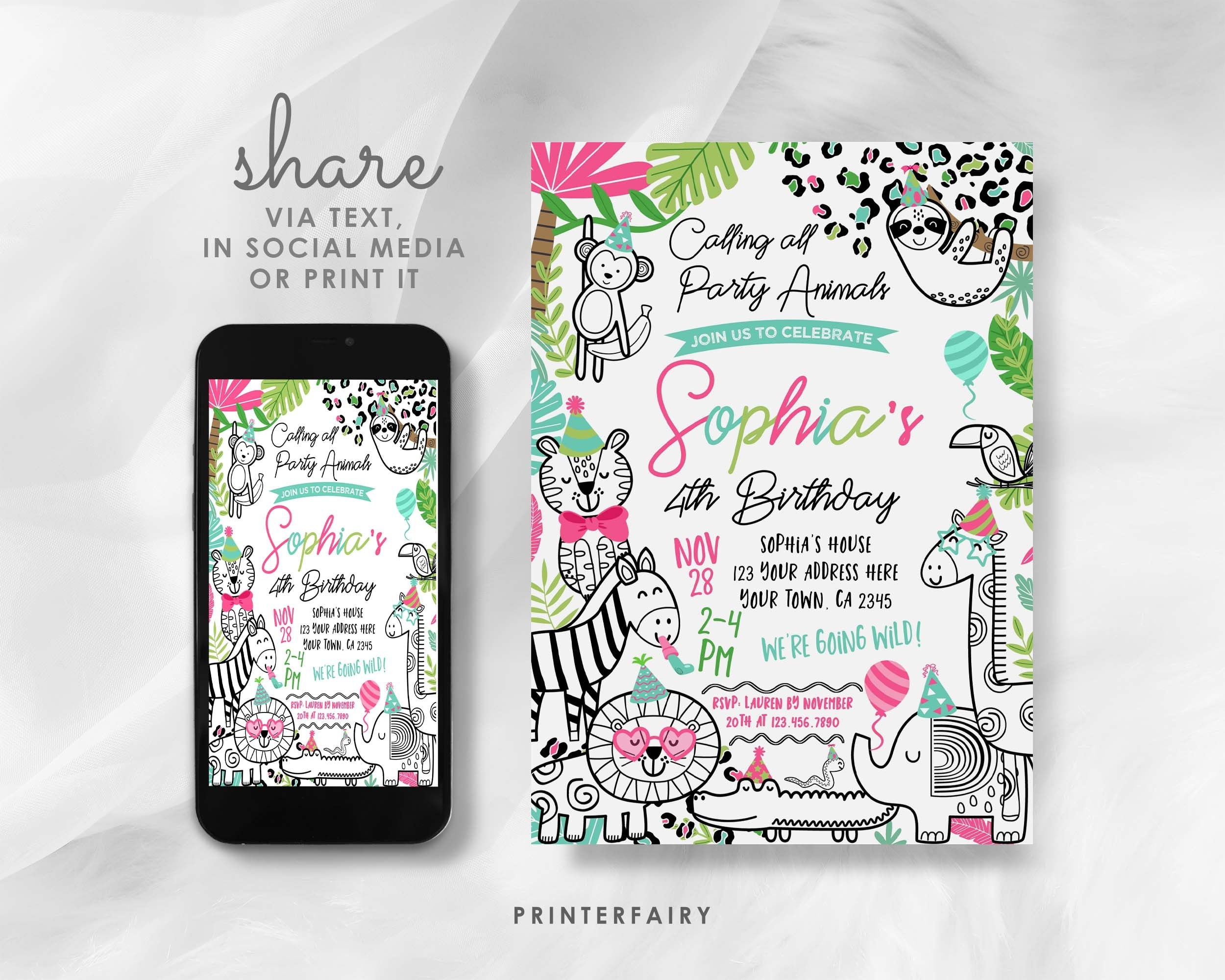 Party Animals Birthday Invitation, Safari Jungle Theme (Editable, Instant Download)