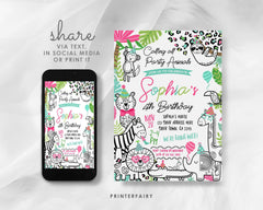 Party Animals Birthday Invitation, Safari Jungle Theme (Editable, Instant Download)